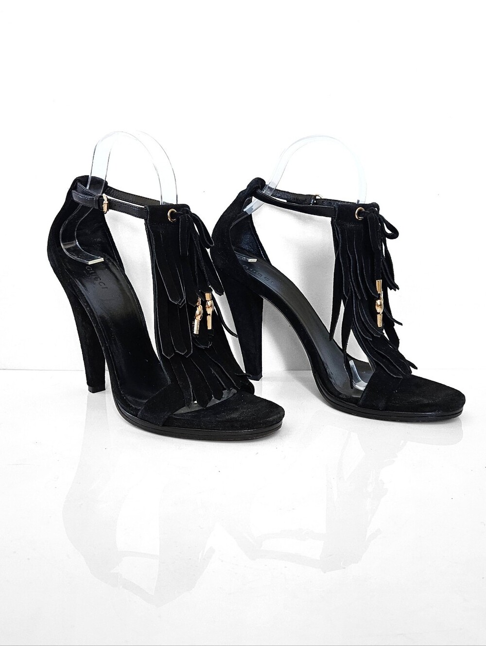 Gucci Black Suede Fringe T-Strap Bamboo Sandals Heels 8B Boho Fall Winter